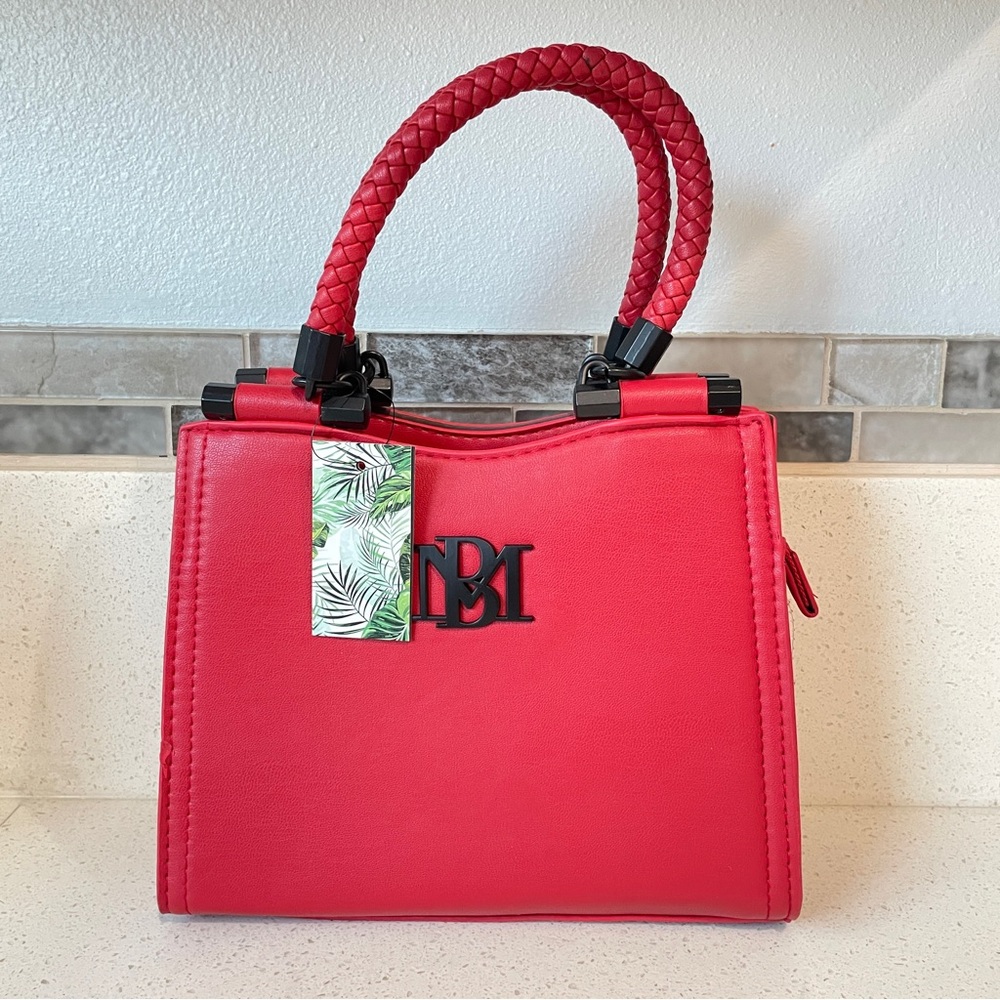 NEW Badgley Mischka Red Vegan Leather Braided Handle Satchel Crossbody Bag